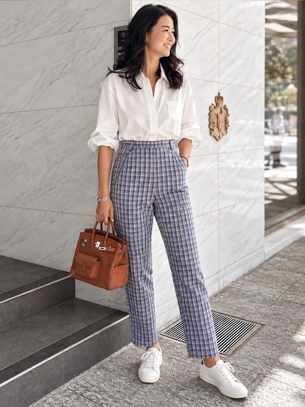 High-Waist Blue Plaid Straight-Leg Pants - Women